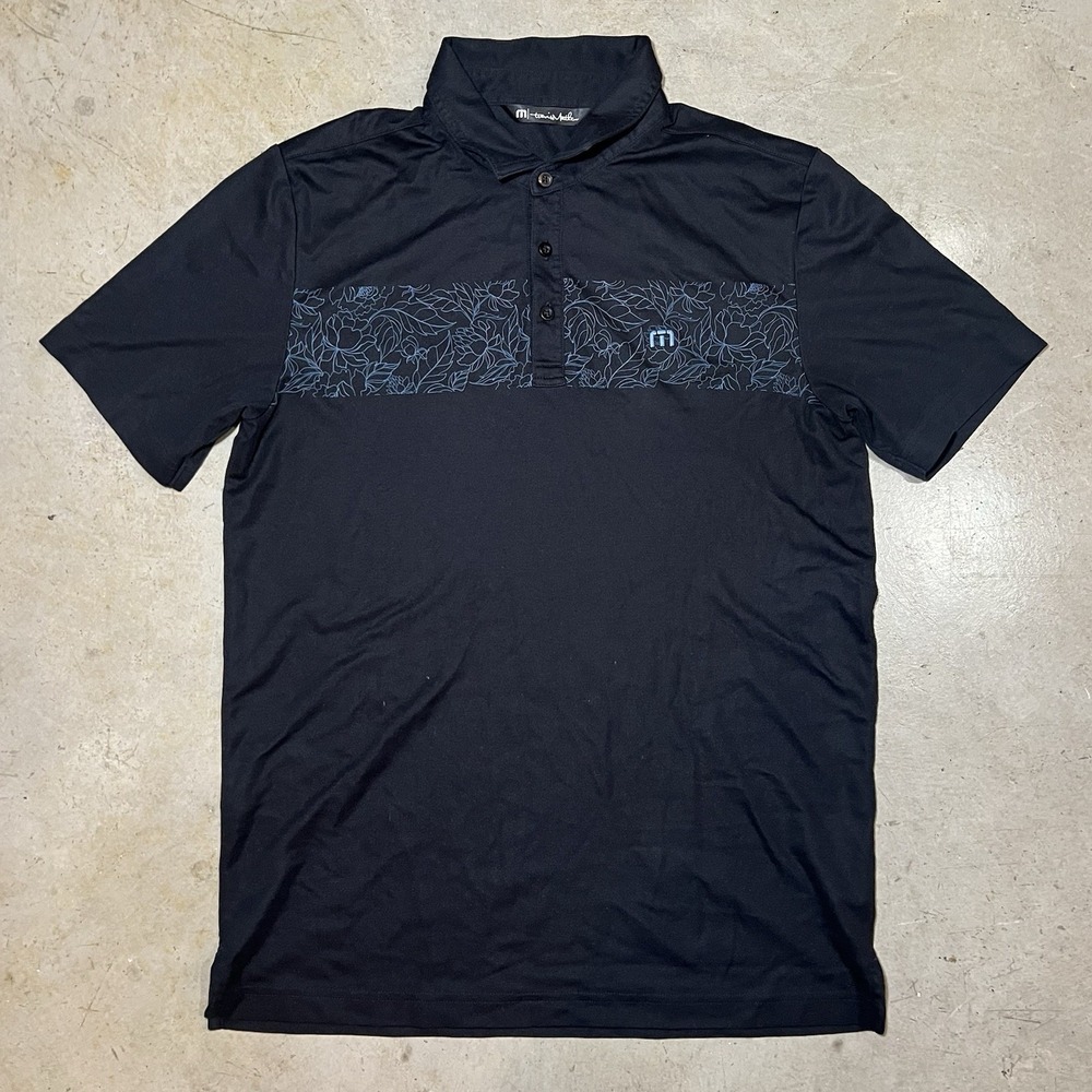 Travis Mathew Polo Shirt Mens Medium Black Floral Chest Stripe Golf Casual